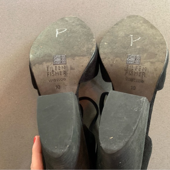 Eileen Fisher sz 10 Tilda Black Suede Rear Zip Stacked Heel Pumps Wedges Straps - Picture 9 of 11